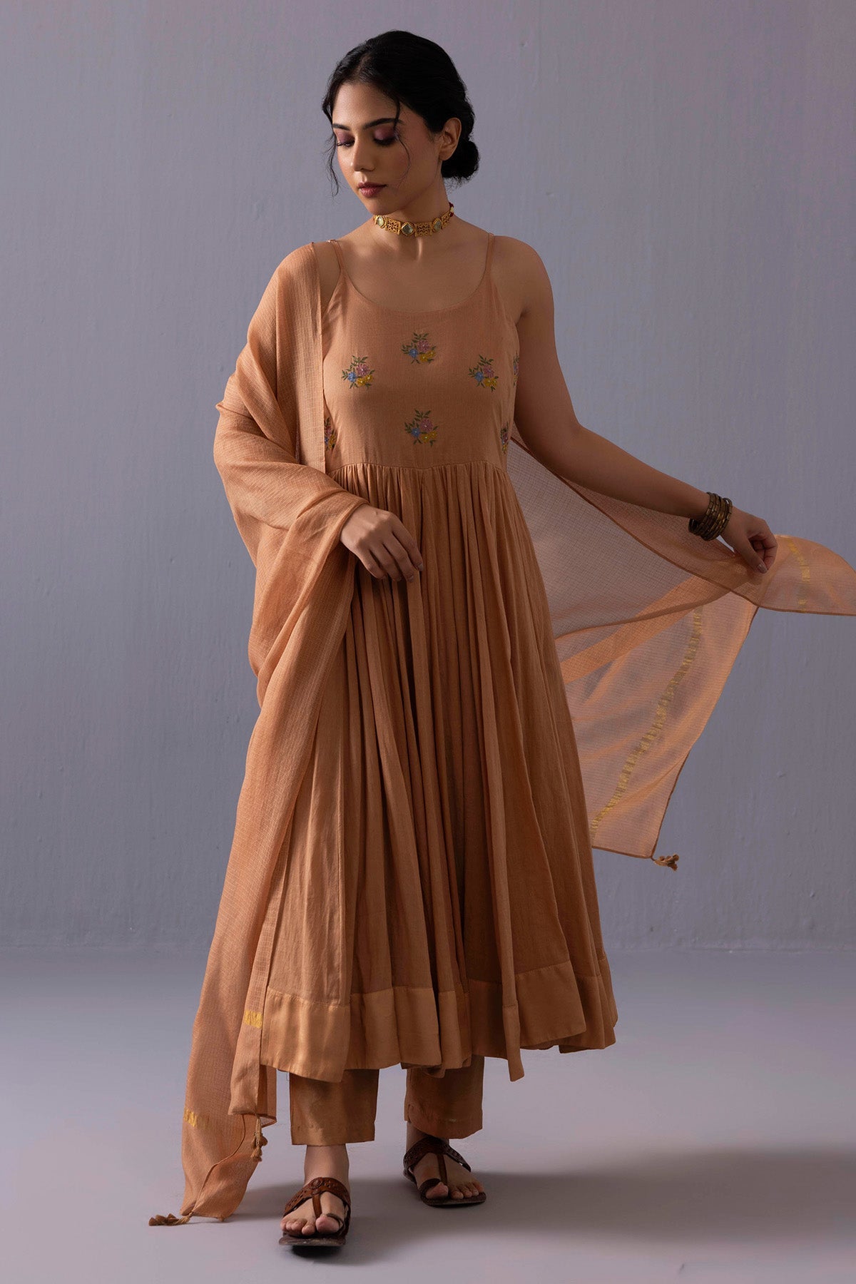 Buy Orange Chanderi Anarkali Set for women online available at ScrollnShops